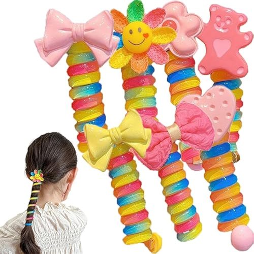 KnjoFly Colorful Telephone Wire Hair Bands for Kids, Braided Telephone Wire Hair Bands, Spiral Hair Ties Phone Cord for Women Girl (7 Pcs)
