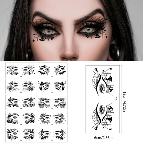 10 Pairs Halloween Eye Shadow Eyeliner Tattoo Stickers Face Eye Makeup Tattoos Eyeliner Decals Black Spider Web Skull Bat Eyeliner Fake Temporary Tattoos for Women Halloween Masquerade Party Supplies