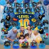 Video Game 10th Birthday Party Decorations Blue Black Happy Birthday Level 10 Banner Backdrop Honeycomb Centerpieces Hanging Swirls Tissue Paper Pompoms for Boy 10 Years Old Game Controller Supplies