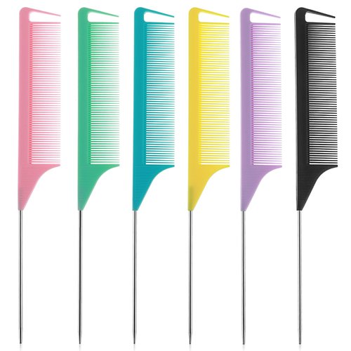 Lusofie 6Packs Rat Tail Comb Steel Pin Rat Tail 6-Colors Carbon Fiber Heat Resistant Teasing Combs with Stainless Steel Pin Handle For Pintail Hair Parting