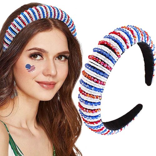 Bouory 4th of July Headband Red White Blue Rhinestones Hairband Sparkly Wide Headbands for Women and Girls