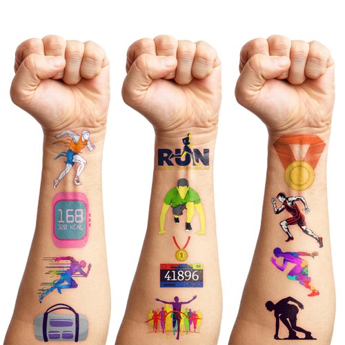 115 PCS Running Temporary Tattoos Birthday Party Decorations Supplies Favors Sport Marathon Finish Line Run Themed Decor Stickers For Boys Girls Gift School Prizes Rewards