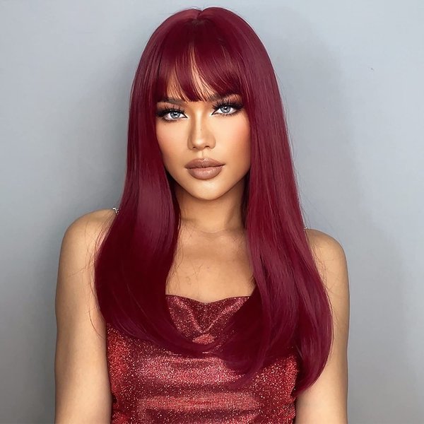 seelaak Wine Red Straight Human Hair Wigs with Bangs Machine Made Wigs for Black Women 10A Unprocessed Brazilian Virgin Remy Hair 150% Density Beginner Friendly Wig (16 Inch，BURGUNDY)