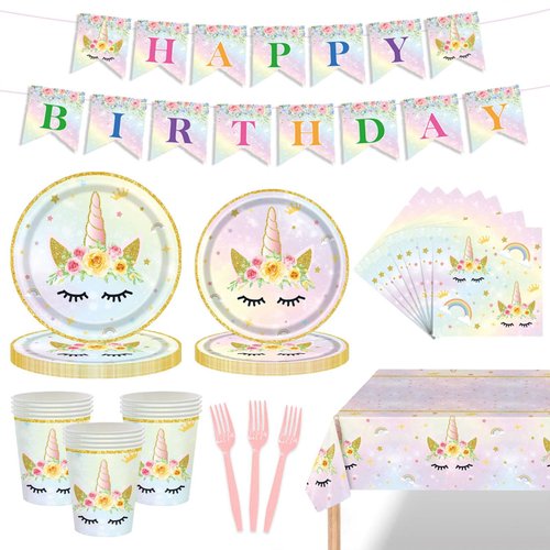 DEAYISTY Unicorn Birthday Party Supplies, Birthday Tableware Set Includes: Unicorn Paper Plates and Napkins, Cups, Forks, Tablecloth, and Banner, Happy Birthday Decorations for Girls, Serves 25