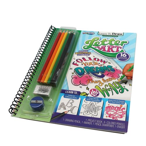 Art Supplies for Kids, Set of 2 Learn to Draw; Letter Art, for Boys & Girls, Teens & Adults, Kit Includes Project Book, Color Pencil Set, Eraser, Sharpener, Drawing Pencil, Marker