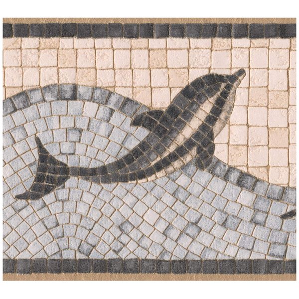 Rolling-Borders 49-068 Mosaic Dolphin Wallpaper Border, Tan Gray