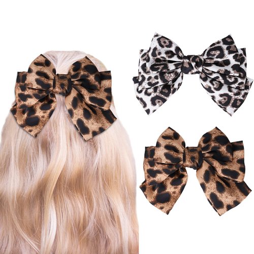 Whaline Set of 2 Hand-Made Leopard Print Hair Accessories: Big Bowknot Hairpins and Metal Barrettes for Women (Dark & Light Leopard Shades)