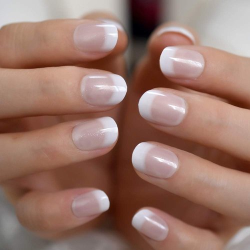 CoolNail Short White French Press on Fake Nails Tips Natural Beige Pink 24pcs Round Head Full Cover faux ongles for Home Office Wear