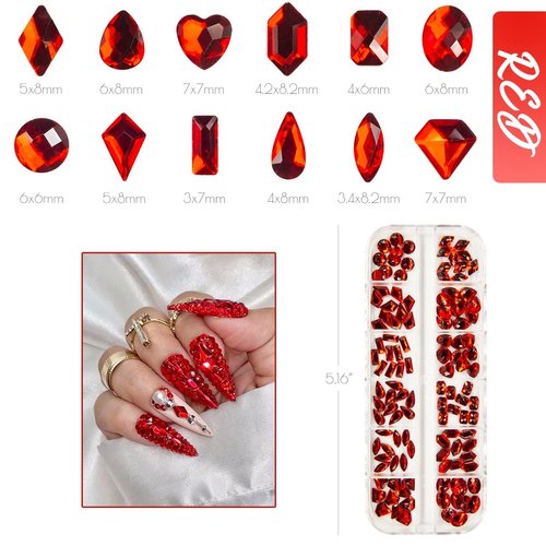 qiipii 120Pcs Red Rhinestones Nail Charms 12 Shapes Crystal Flatback Siam Red Big Gems Ruby Red K9 Glass Nail Stones Diamonds jewels Nail Art Supplies Nail Decor for Nails Face Eyes Makeup Crafts DIY