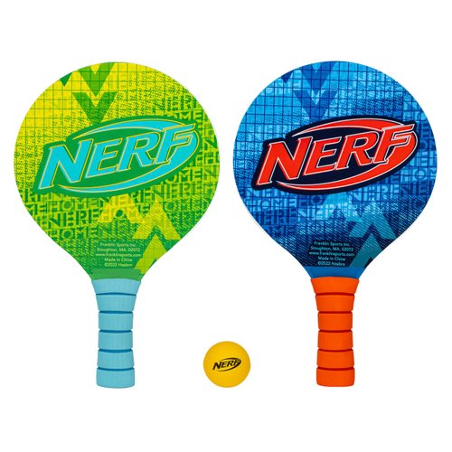 Franklin Sports NERF Paddleball Set-Fun Paddleball Beach Game for Adults+Kids-Fun Outdoor Pool+Beach Water Sports Game-Includes(2)Wooden Paddles+(1) NERF Paddle Ball-Complete NERF Paddleball Game Set