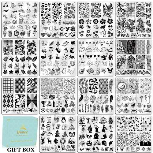 Biutee Nail Stamping Plates Set 15 pcs Nail Art Stamper Scraper Storage Bag Gift Box Nail Stamp Template Kit Lace Flower Butterfly Star Holiday Christmas Design Nail Image Plate