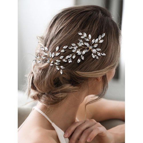 SWEETV Crystal Bride Wedding Hair Pin, Hair Comb Accessories for Women, 2 Count - Gold-02, Rhinestone, Classic, Hair Clip, Wedding, Formal Occasions