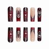 MISUD Press on Nails Long Square Fake Nails Glossy Glue on Nails Goth Black Red Ombre Acrylic Nails Squoval Artificial Nails Spider Web Stick on False Nails with Rhinestone Design 24 pcs