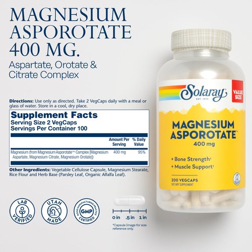 Solaray Magnesium Asporotate 400 mg, Chelated Magnesium Supplement for Bone Health, Muscle & Nerve Function Support