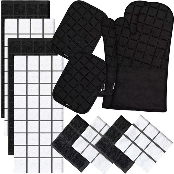 Oven Mitts Pot Holders Sets/Kitchen Towels and Dishcloths, Oven Gloves Kitchen Dish Towels 500 Degree Heat Resistant Potholders with Non-Slip Silicone Surface for Cooking, Grilling, Baking-Black