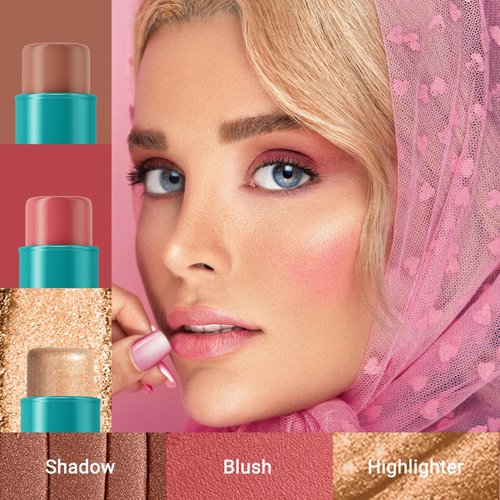 RoseFlower 3pcs Face Contour Stick, Highlighter Stick Blush Stick Cream Contour Kit Makeup Set with Brush, Contouring Stick for Fair Skin, Concealer Stick Makeup Gift for Beginner Women Teen Girls