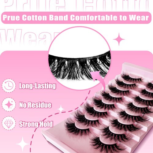 BTLLSSH 8Pair 3D5D 0.67INCH Volume Cat Eye Lashes Extension Thick False Eyelashes Cross Fluffy Natural Look Faux Mink Lashes with Dark Pink Box