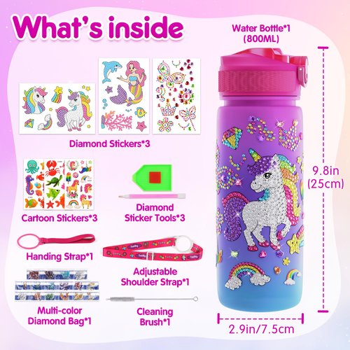 Mocoosy Decorate Your Own Water Bottle Crafts Kit for Girls 8-12, Unicorn & Mermaid Painting Crafts, Fun Arts and Crafts Supplies Girly Toys Birthday Gift Christmas Stocking Stuffers for Kids Ages 4-6