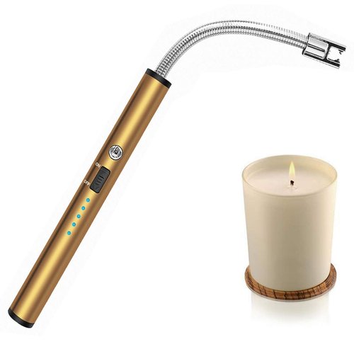 Electric Lighter, Candle Lighter Arc Coil Flameless Lighter Windproof Portable Long Lighter Plasma USB Rechargeable Zinc Alloy Flexible Neck (Gold)