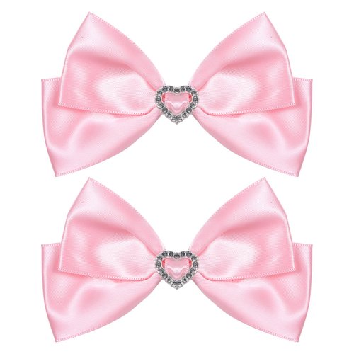 Pink Satin Hair Bow Clips, Christmas Valentine School Hairpins with Heart Rhinestones,Handmade Bowknot Hair Accessories for Kids Girls New Year Decor