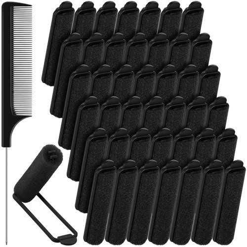 43 Pieces Foam Sponge Hair Rollers Set, Soft Sleeping Hair Curlers 0.59 Inch Flexible Hair Styling Sponge Curler and Stainless Steel Rat Tail Comb Pintail Comb for Hair Styling (Black)