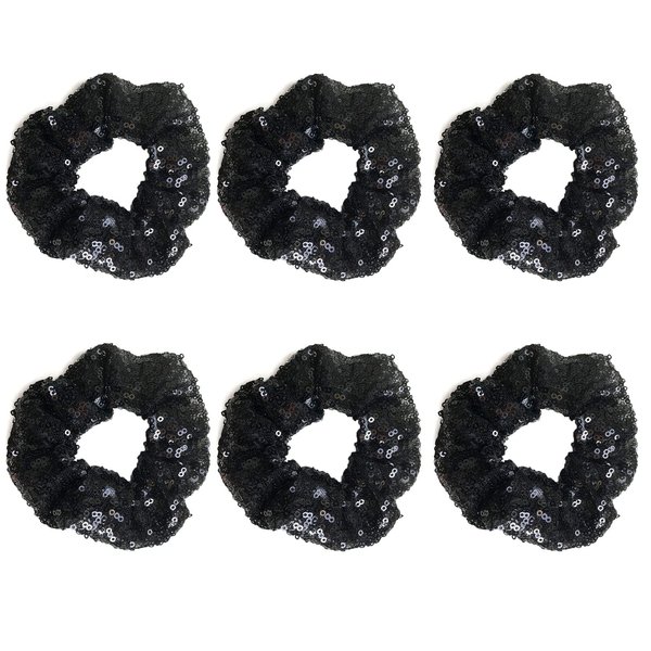 6 Pcs Sparkle Sequin Hair Scrunchie Hair Bobbles Metallic Elastics Ponytail Holders Hair Wrist Ties Bands Cloth Scrunchies for Show Gym Dance Party Club Girl Women (Black)