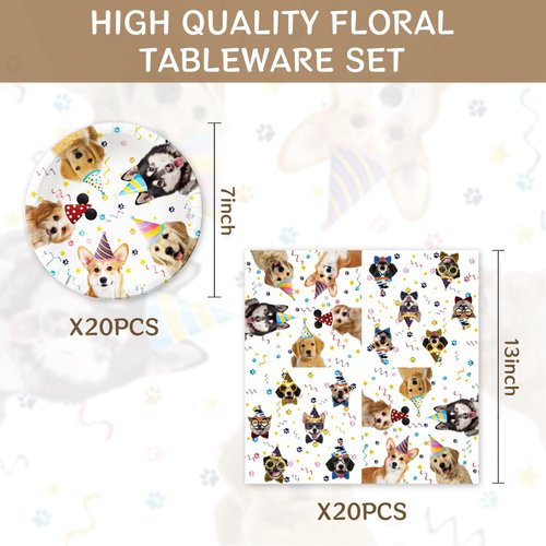 Egami 40pcs Pet Dog birthday Party Supplies,include 20 dessert plate, 20 Napkin,Used for dog birthday Party Decoration (White pet dog)
