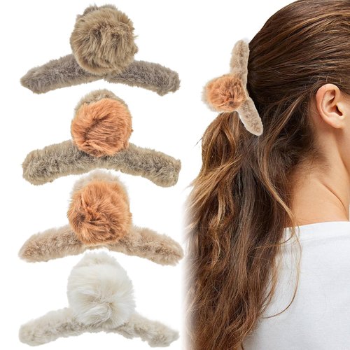 4 PACK Pom Pom Faux Fur Hair Clip, Fur Claw Clips for Women, Aesthetic Claw Clips For Thick Hair Clips Kawaii Hair Clips, Strong Hold Non-Slip Hair Clamp