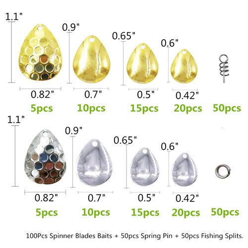 100Pcs 4Sizes Fishing Spoons Rigs Spinner Blades Colorado Blades Kit for Lures Bass Walleye Pike Spinner Rigs Making DIY Fishing Lures Accessories,Include 50pcs Spring Pin & 50pcs Fishing Splits