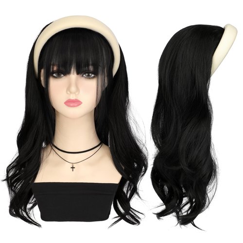 Soulwigger 22 inch Synthetic Beige Headband Hair Wig Curly Body Wave Glueless Natural Black Wigs For Women With None Lace Front
