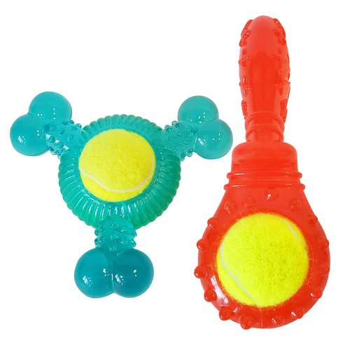 American Pet Supplies Textured Tennis Ball Squeaky Rubber Dog Toy Set, Blue and Red Chewing Toys for Dogs and Puppies