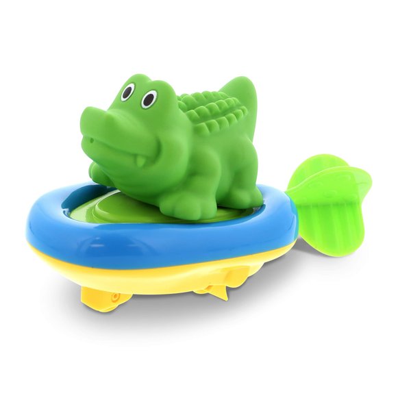 DolliBu Boat Racer Buddy, Fun Educational Bath Toy Finger Puppet Pull and Go Water Racing Jungle Pal for Shower Pool Bathtub Swim Hard Surfaces for Baby Toddler and Boy - 6 Inch - 3 in 1 - Alligator