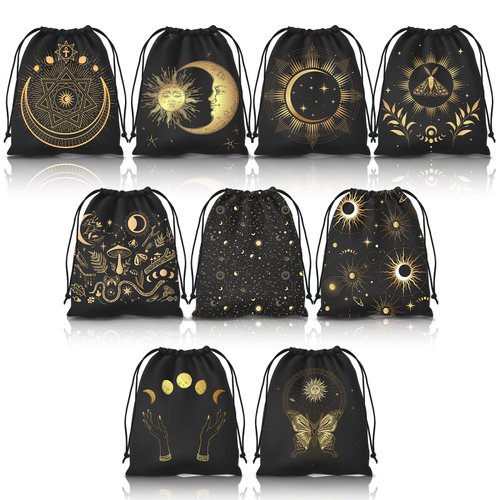 EYNDYN 9PCS Tarot Bag Velvet Storage Bags with Drawstrings Dice Bag Black and Gloden Tarot Bags and Pouches Crystal Bags,7.1 X 6.3 Inches