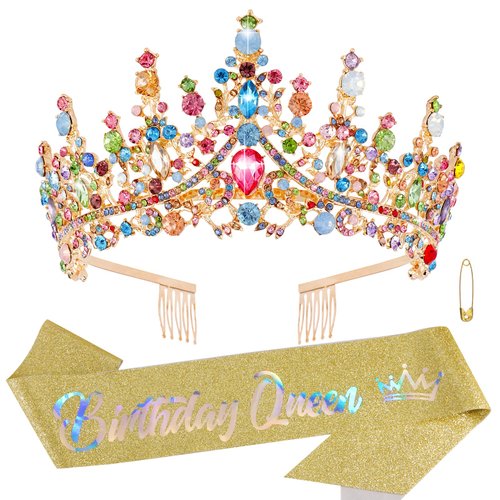 ATODEN Birthday Queen Tiara Crown Sash Tiaras and Crowns for Women Girls Crystal Princess Tiara Rhinestone Headbands Quinceanera Crown Multicolor Headpieces Happy Birthday Decorations