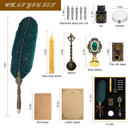 Anglekai Quill Pen and Ink Set, Calligraphy Feather Pen with Wax Seal Stamp, Ink, and Wax Seal Sticks, Replacement Nibs, Spoon, Envelope Letter Paper, White Wax, Best Gift for Birthday (Green)