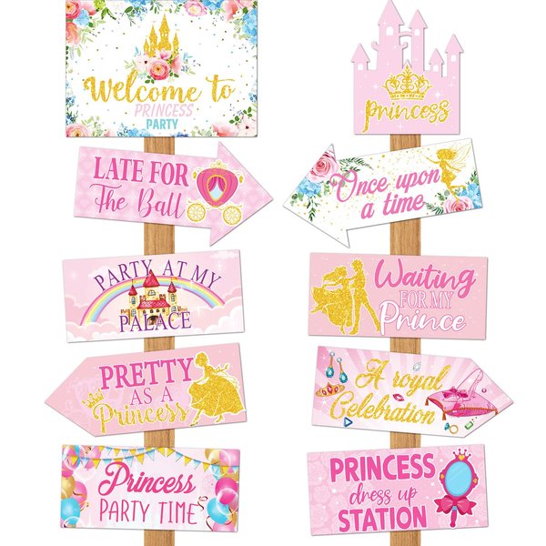 20 Pieces Princess Birthday Party Decorations Princess Welcome Sign Princess Directional Signs Castle Princess Decorations Princess Sign for Girl Birthday Baby Shower Party Supplies, 10 Styles