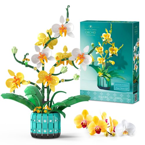 BAKA Orchid Flower Building Kit for Adults and Kids, Orchid Bonsai Building Set for Home Decor Botanical Collection in White and Yellow Orchid, Idea Gift for Valentines Day, Birthday - 1110pcs