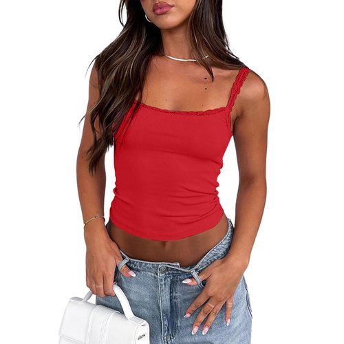 zhaistar Sleeveless Camisole Tank Tops for Women Y2K Spaghetti Strap Lace Trim Slim Fit Basic Cami Shirts Red L