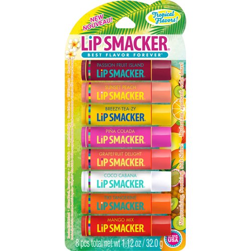 Lip Smacker Flavored Lip Balm Tropic Fever Pack of 8, Passion Fruit, Peach, Breezey-Teazey, Pina Colada, Grapefruit, Coca Cabana, Tangerine, Mango, Clear, 1.12 Ounce (Pack of 8)