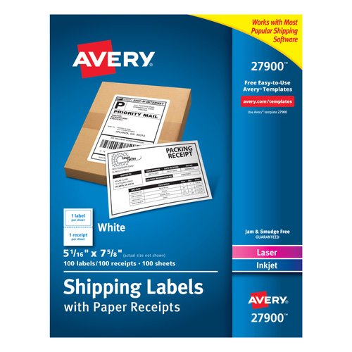 Avery Printable Shipping Labels with Paper Receipts, 5-1/16" x 7-5/8", White, 100 Blank Mailing Labels (27900)