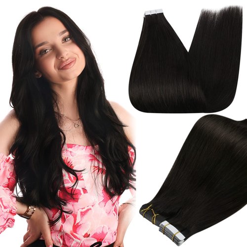 Full Shine Tape in Hair Extensions Human Hair 18 Inch Seamless Skin Weft Pu Hair Extensions Color 1B Off Black Glue in Hair Extensions 20 Pcs 50 Grams Remy Hair