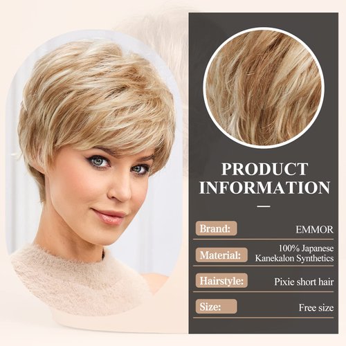 EMMOR Short Wigs for Women Memory Fiber Simulated Human Hair Pixie Curly Wig With Bang,Natural Daily Use Hair(Color 27/613# Mixed Blonde)