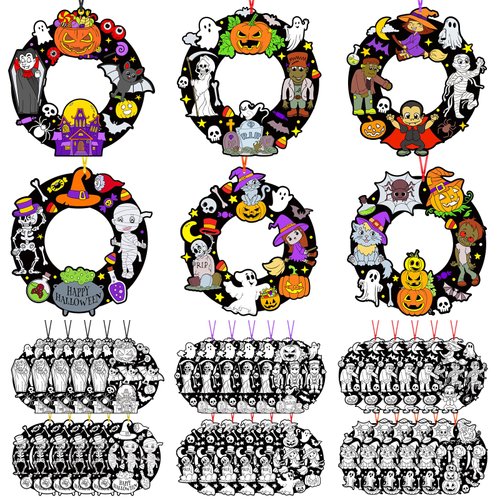 Epakh 30 Pcs Halloween Craft Kit Color Your Own Wreath Crafts DIY Coloring Arts and Crafts Paper Crafts for Home Halloween Party Activity Decors Supplies