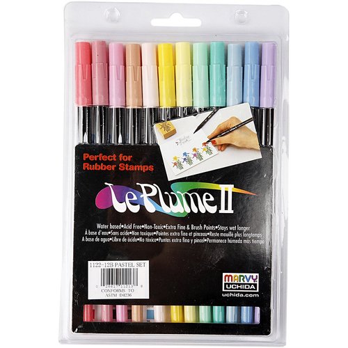 Uchida Of America Uchida 1122-12B Le Plume II Double-Ended Markers with Brush and Fine Tips, Pastel, Set of 12