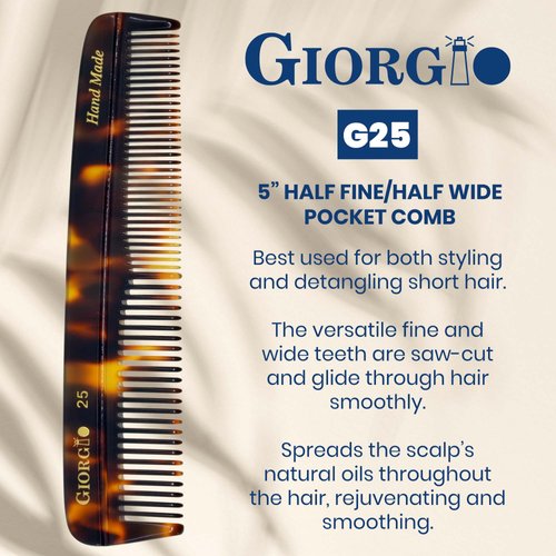 Giorgio G25 Fine Tooth Comb and Wide Tooth Pocket Comb, Hair Styling Comb for Men and Women, Handmade Beard Comb for Men, Barber Comb, and Mustache Comb for Grooming