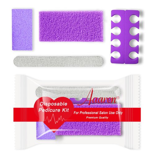 Aaaren 4-Piece Pedicure Kit, 25kits/boxes, Individually-Packed, Purple Pumice Pad, Zebra Wood Nail File 80/100 Grit, Purple Mini Buffer 80/100 Grit, Purple Toe Seperator
