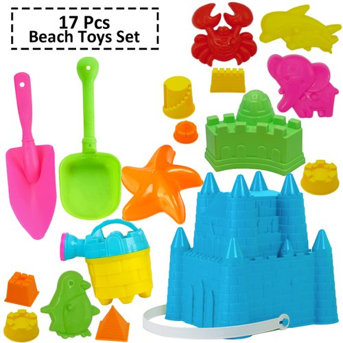 4E's Novelty Beach Toys for Kids with Bag (17 Pcs Set) Castle Beach Bucket with Shovels & Molds - Beach Toys for Kids 3-10, Sand Toys for Toddlers with Mesh Beach Bag Backpack