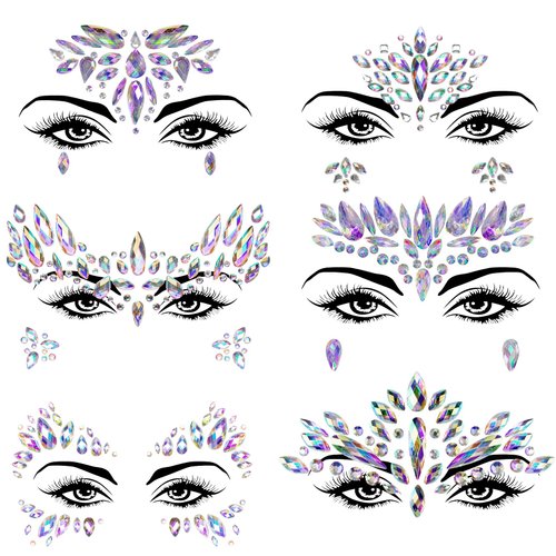 Allruyee 6 Packs Face Jewels Face Gems Mermaid Glitter Rhinestone Crystal Stickers Waterproof Eyes Face Temporary Tattoos for Party,Rave Festival,Carnival,Holiday Costumes,Rave Accessories,Makeup……