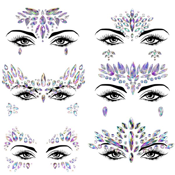 Allruyee 6 Packs Face Jewels Face Gems Mermaid Glitter Rhinestone Crystal Stickers Waterproof Eyes Face Temporary Tattoos for Party,Rave Festival,Carnival,Holiday Costumes,Rave Accessories,Makeup……