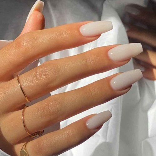 VOTACOS Press on Nails Short Coffin Fake Nails Milky White False Nails with Pearl Design Glossy Stick on Nails for Women 531